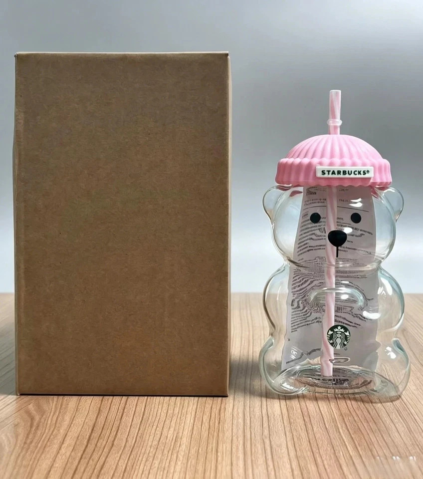 Starbucks Bearista Pink Bear Glass Tumbler Cold Cup with Straw 20oz
