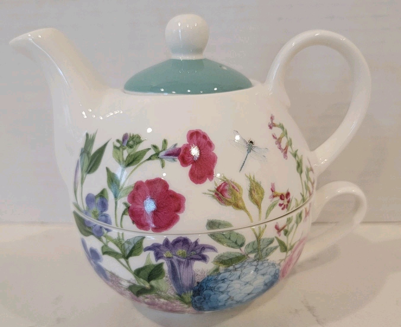 Teapot Stechcol Gracie Bone China Floral And Dragonfly 3-Piece Tea For One