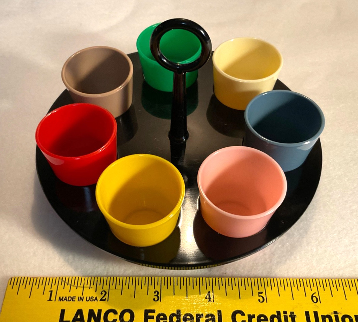 7 Plastic Multicolored Shot Glasses w/Black Carrier/Caddy. RARE SERVall Products