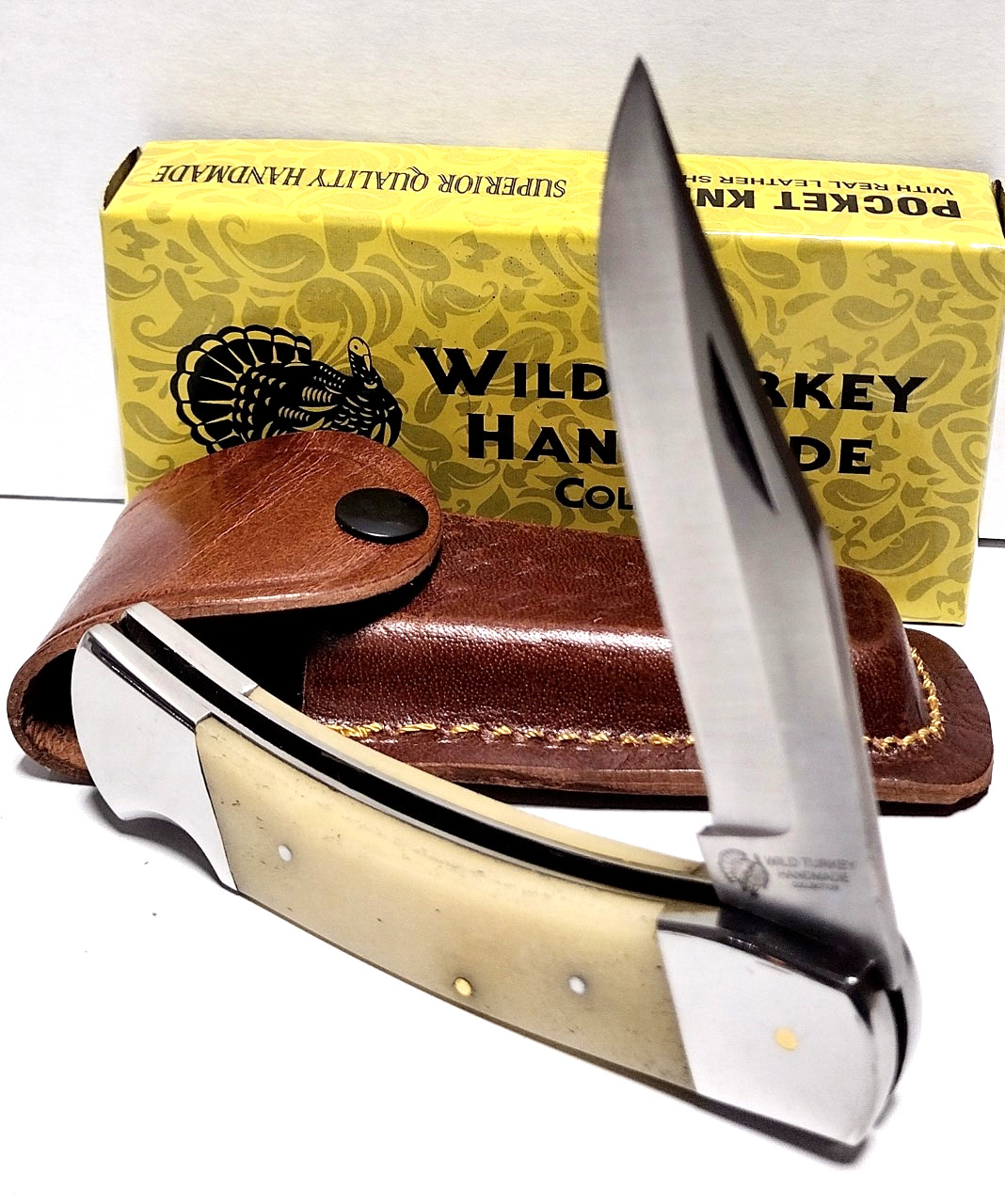 Wild Turkey Smooth White Bone Large 9″ Lockback Hunting Pocket Knife + Sheath