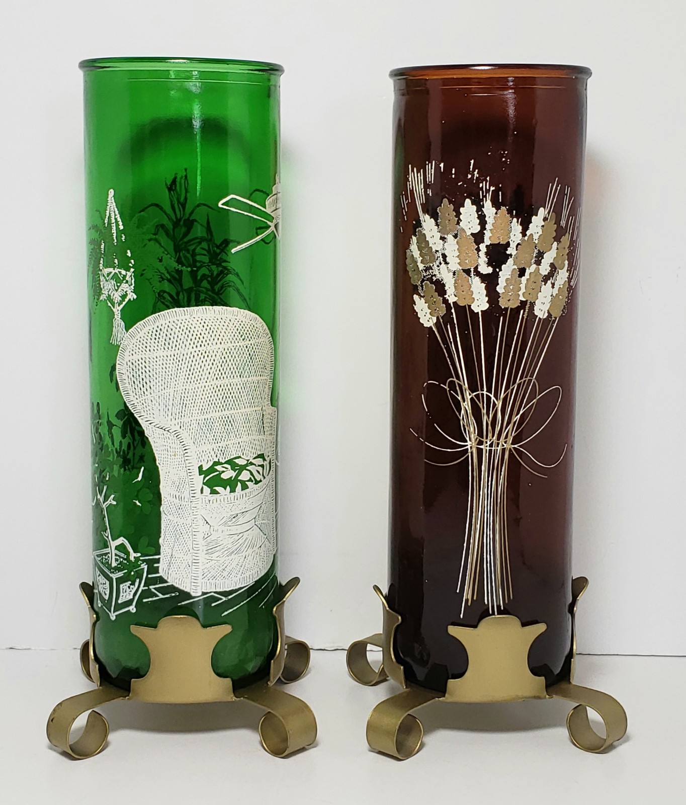 Pair Vintage Mid-Century Modern Decor Tall Glass Candle Holders & Base 1970’s