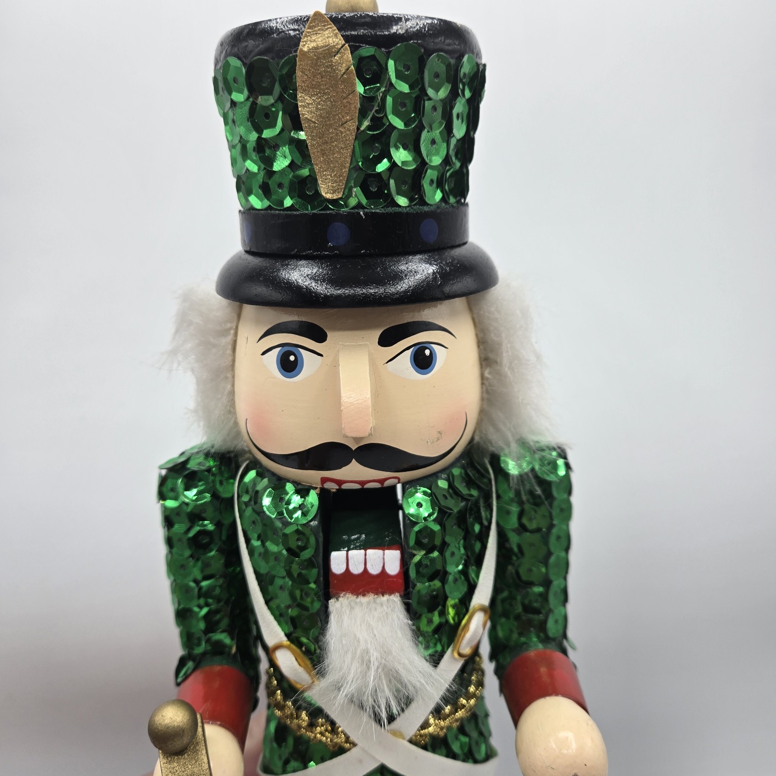 14” Nutcracker Soldier Green Sequin Jacket With Sword Wooden Christmas Decor
