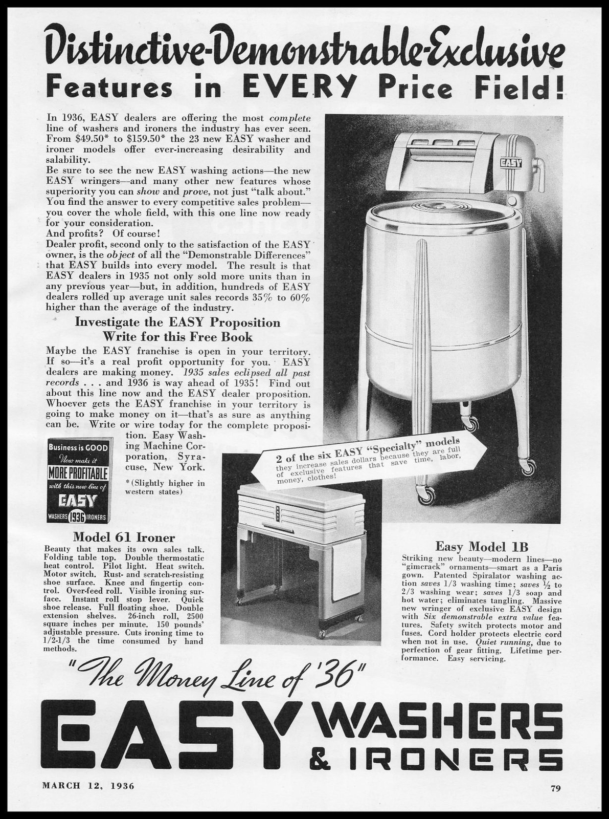 1936 Easy Washing Machine Syracuse New York Washers & Ironers Vintage Print Ad