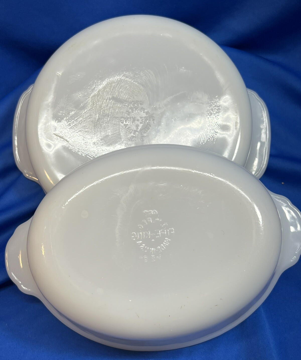 Error printing on 2 vintage Fire-King white milk glass round and oval casseroles