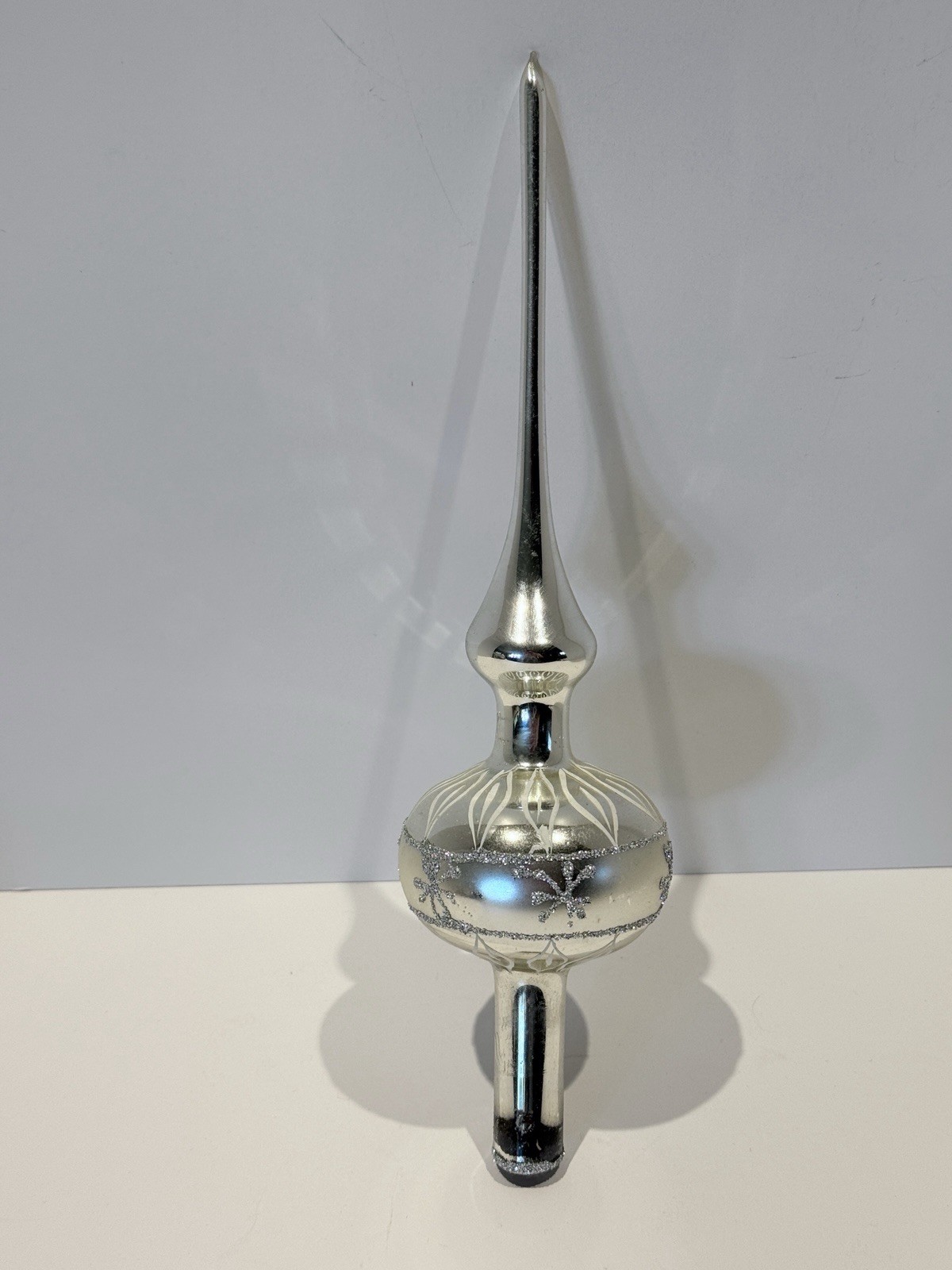 Vintage Tree Topper in Box Mercury Glass Glitter Silver Hand Painted MCM 10.5″