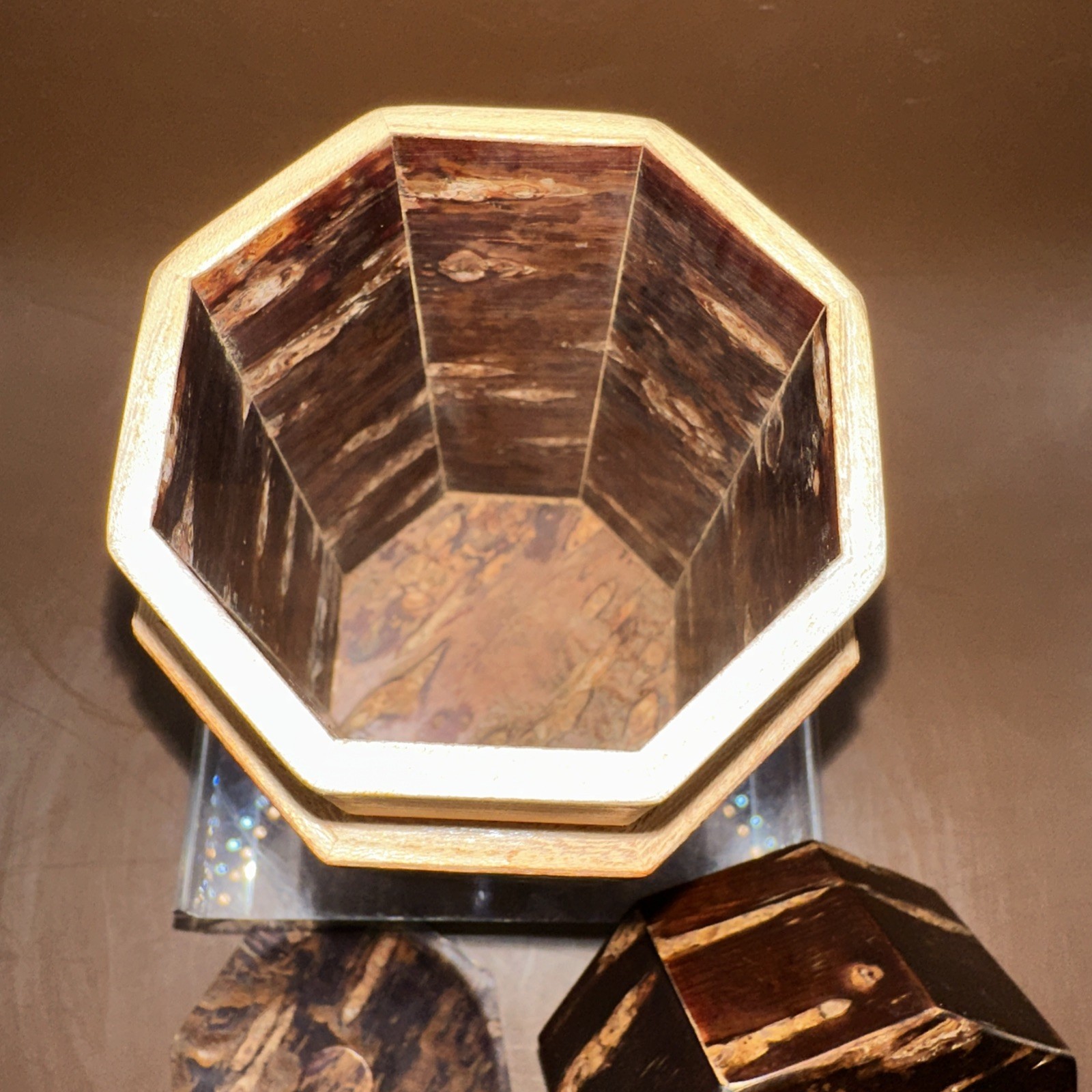CHERRY TREE BARK OCTAGON TEA CADDY WITH MATCHING SCOOP