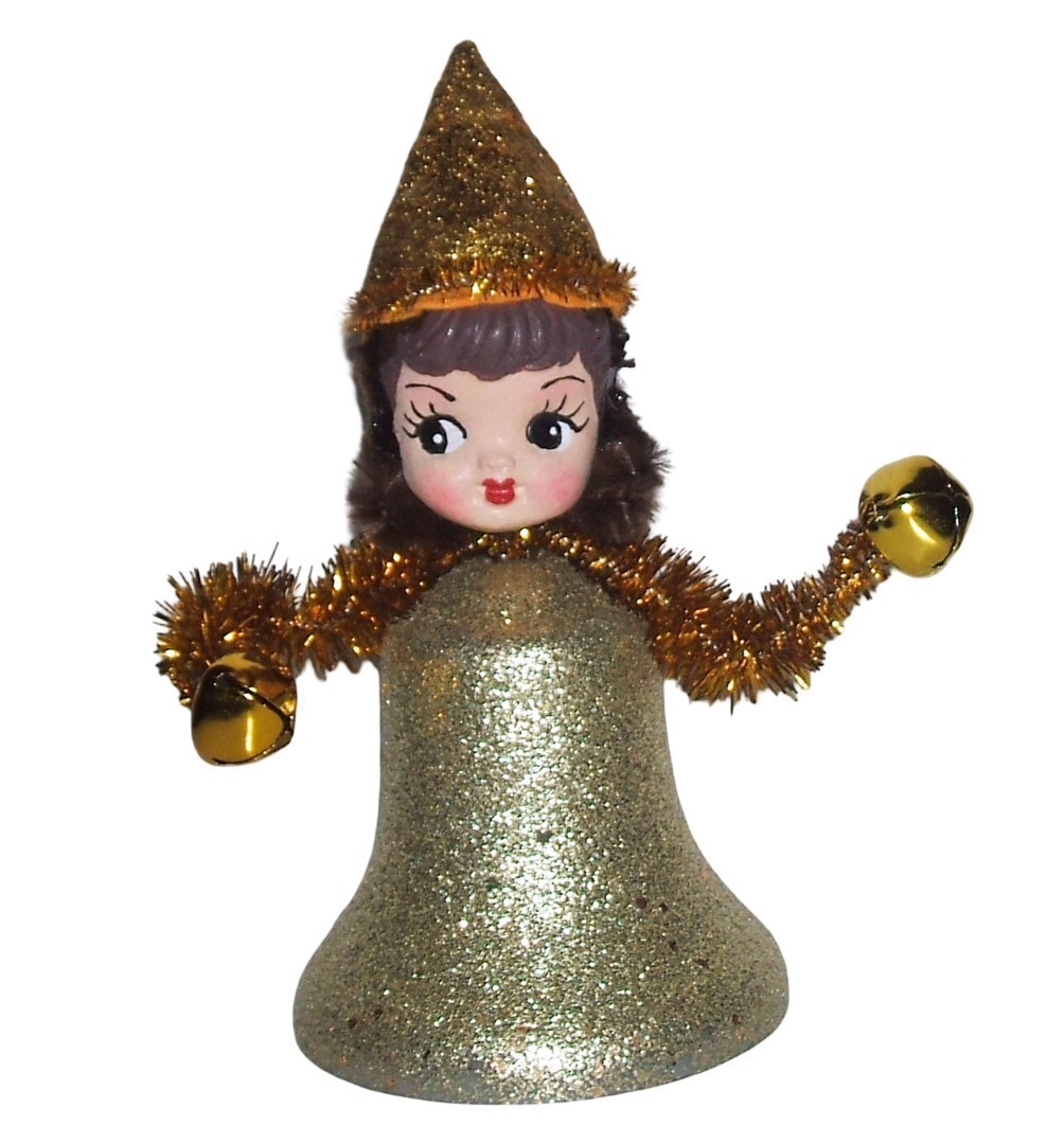 CHRISTMAS BELL GLITTER PIXIE GIRL Figurine Vintage Kitsch Style