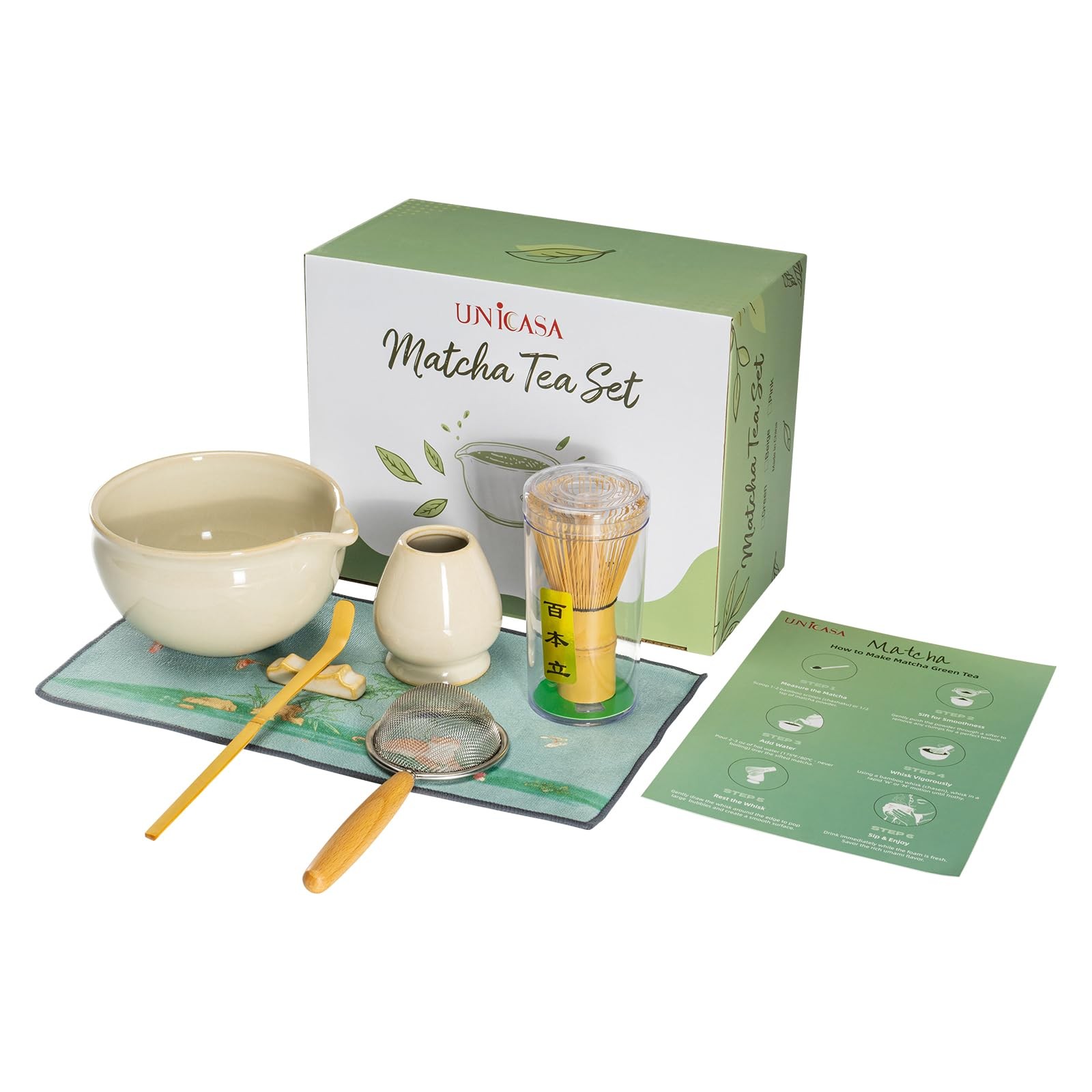 UNICASA Matcha Kit, 7Pcs Set,16oz Bowl, Bamboo Whisk Standard, Beidge