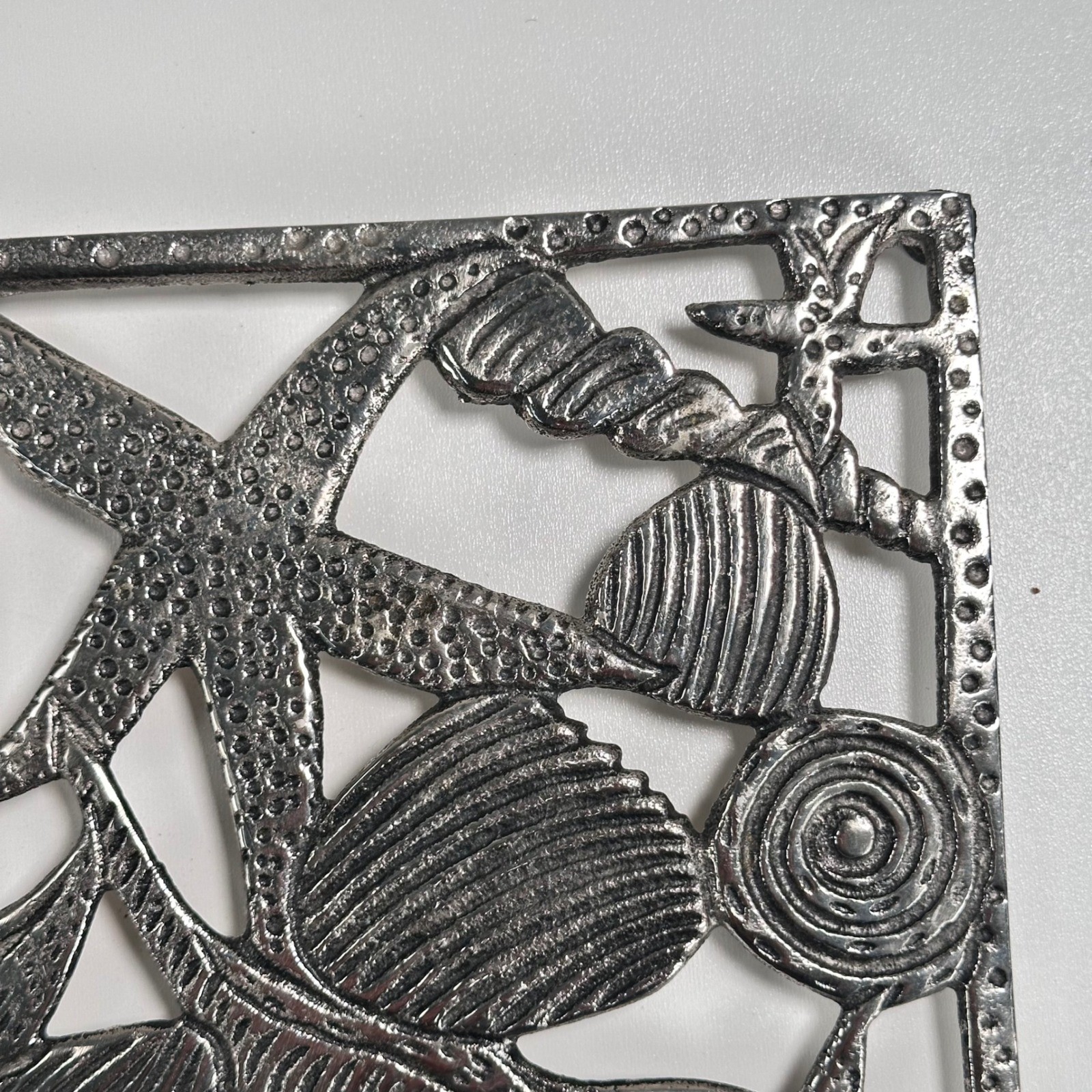 Vintage Trivet Set Silver Starfish Shells Beach Theme Nautical Coastal