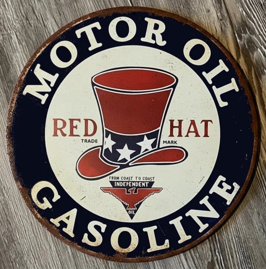 Red Hat Motor Oil Gasoline 12″ Diameter Vintage Novelty Metal Sign Made In USA