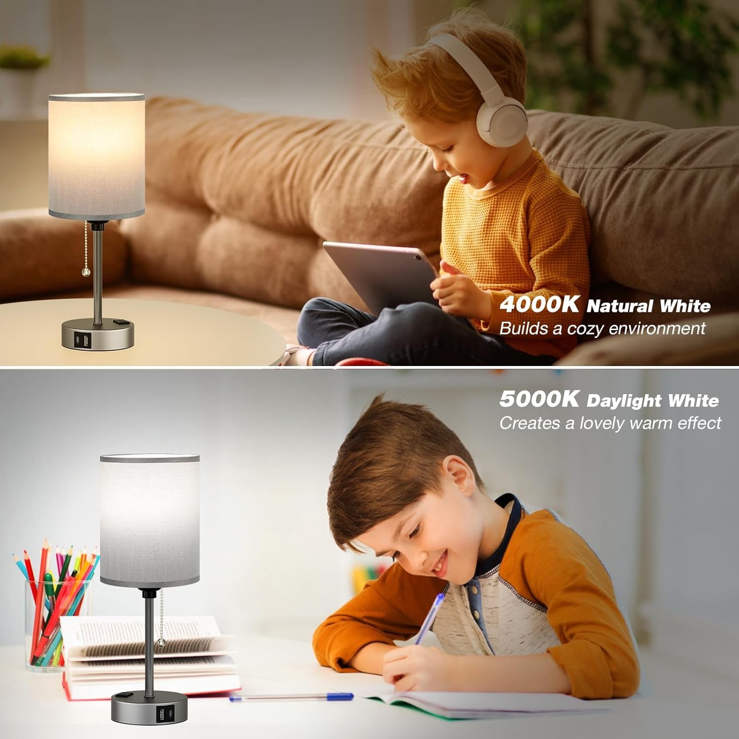 Small Bedside Table lamp for Bedroom – 3 Color Temperatures 14.6in, Grey-Grey