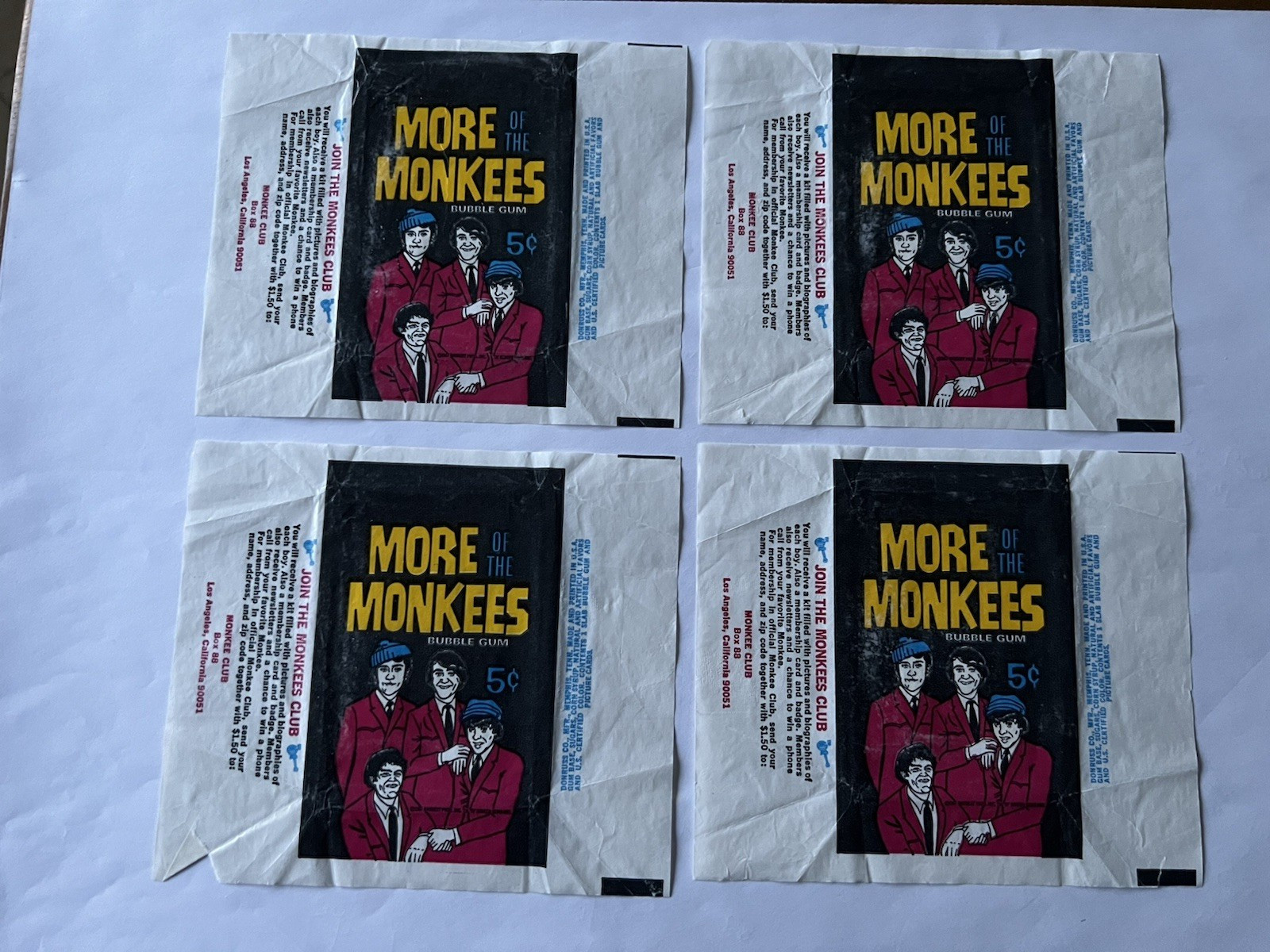 1967 More of the Monkees Empty Wax Pack Wrapper Donruss (4) Pack Lot