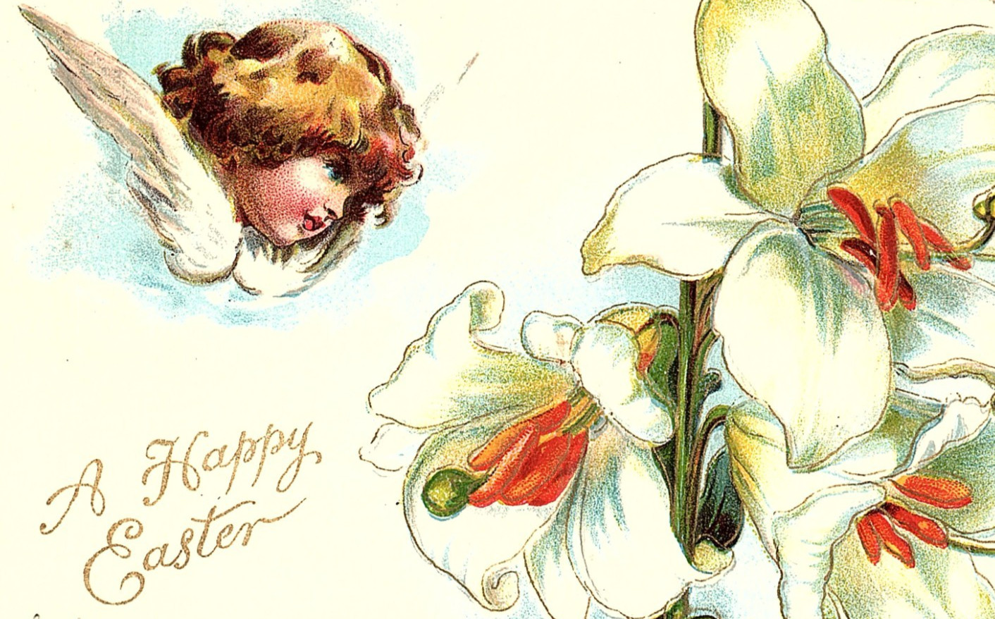 C1910 Winch Back Easter Angel Wings White Red Flowers Vtg/Antique Postcard