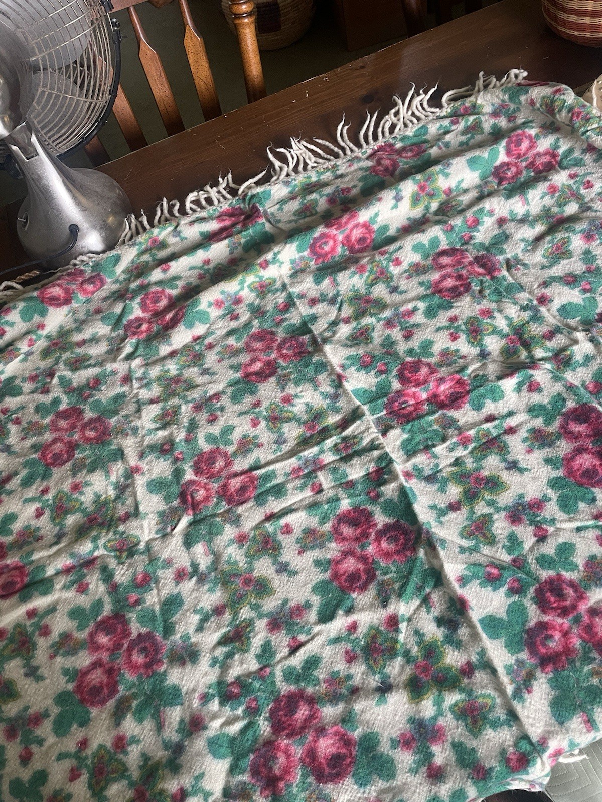 Wool Table Cloth With Fringe 36 X 36 “ Flowers Nice