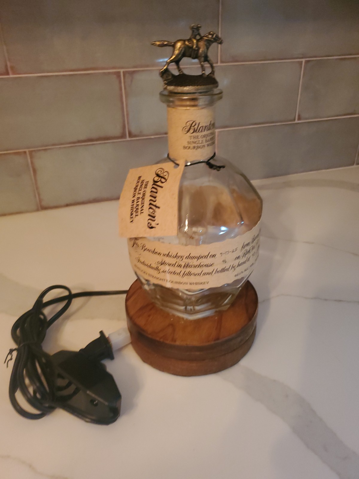 Blanton’s Bourbon Bottle Lamp on Round Wooden Base, With Stopper