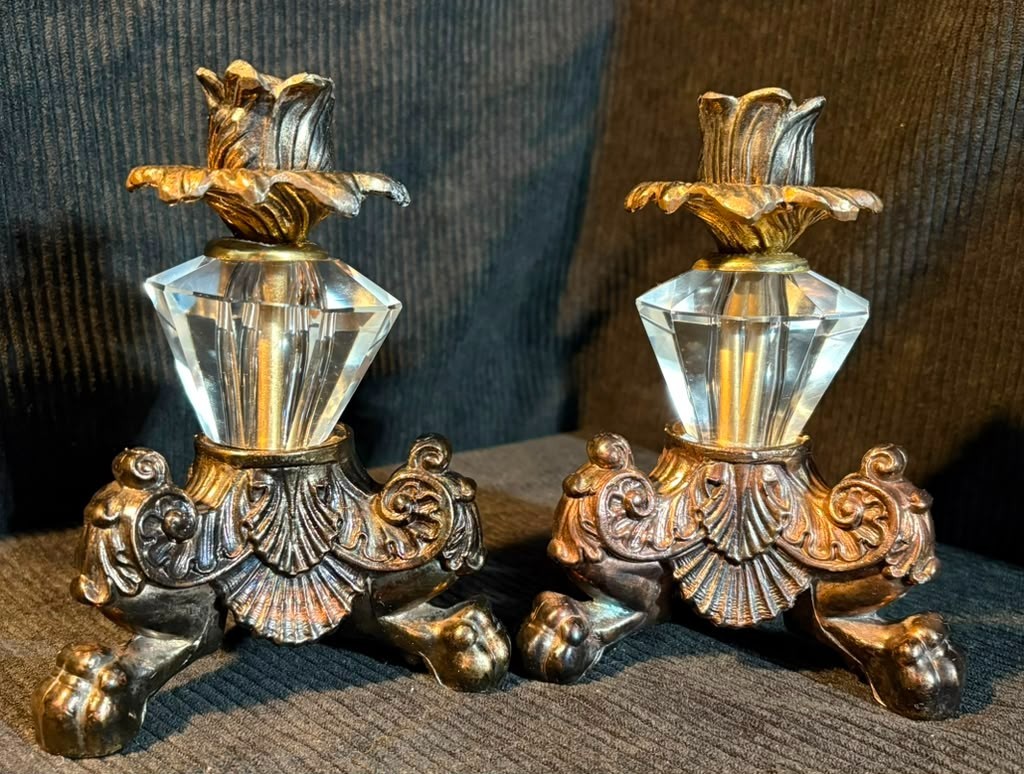 Vtg Cornell Hollywood Regency Crystal Candlestick Holders Pair Paw Feet Brass To