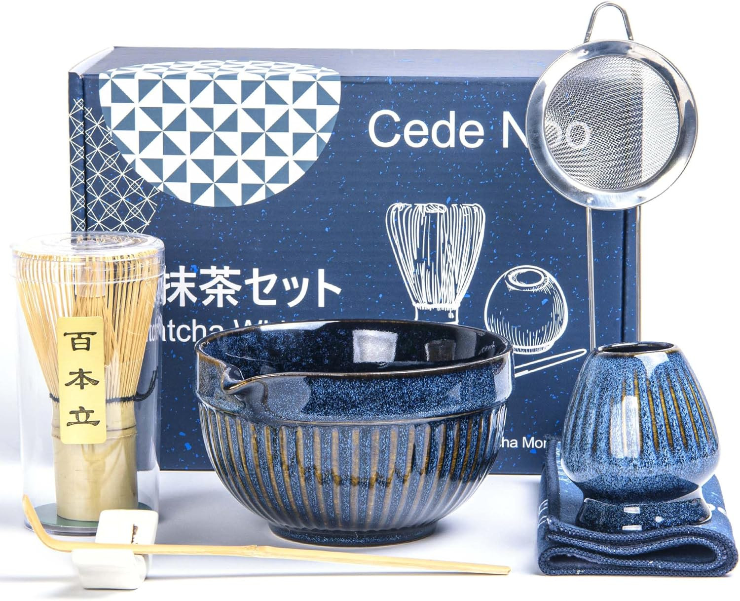 7Pcs Matcha Whisk Set with 18Oz Spout Bowl, Japanese Tea Ceremony Kit, Natural B