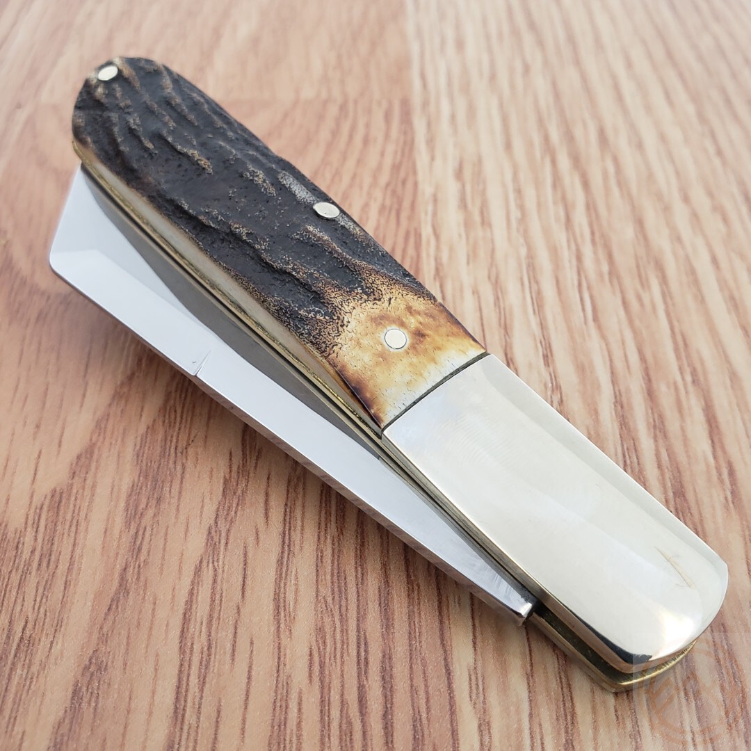 Queen Large Barlow Folding Knife Polished 1095HC Steel Blade Burnt Stag Handle