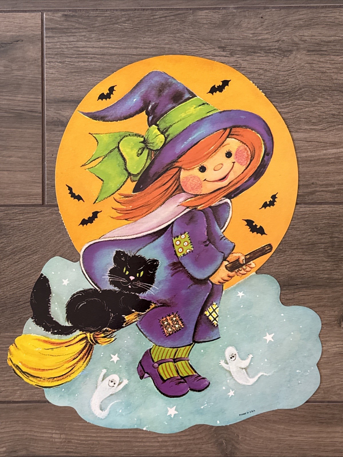 Vintage Halloween Cute Witch 2 Sided Paper Die Cut Decor Wall Window Display 15″