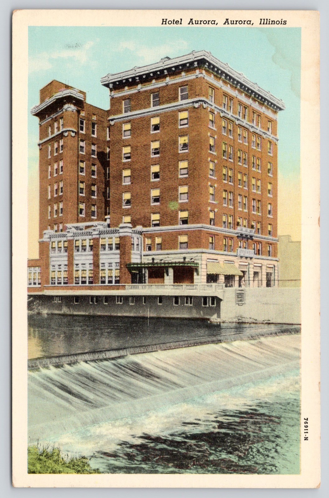 Hotel Aurora, on the Fox River, Aurora IL Illinois Postcard 1930s Unposted