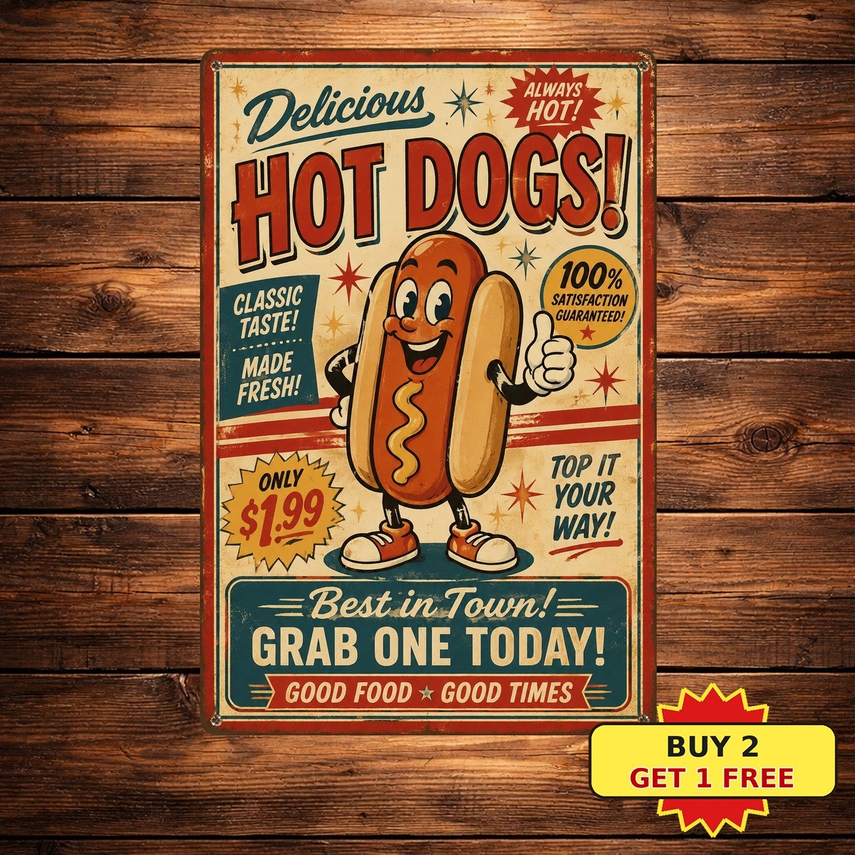 Embossed Fast Food Hot Dog Metal Sign Retro Diner Cafe Kitchen Wall Plaque