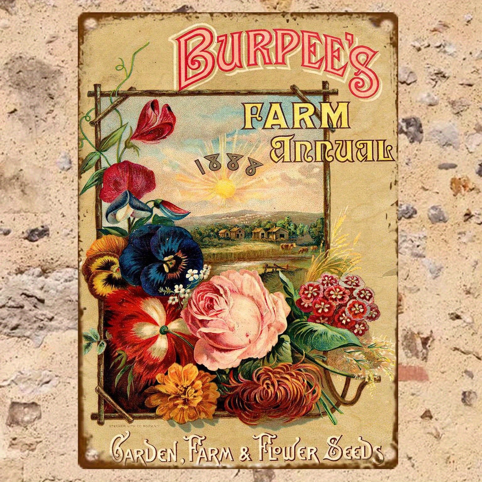 Vintage Burpee’S Farm Rustic Floral Tin Metal Signs Home Décor 8×12