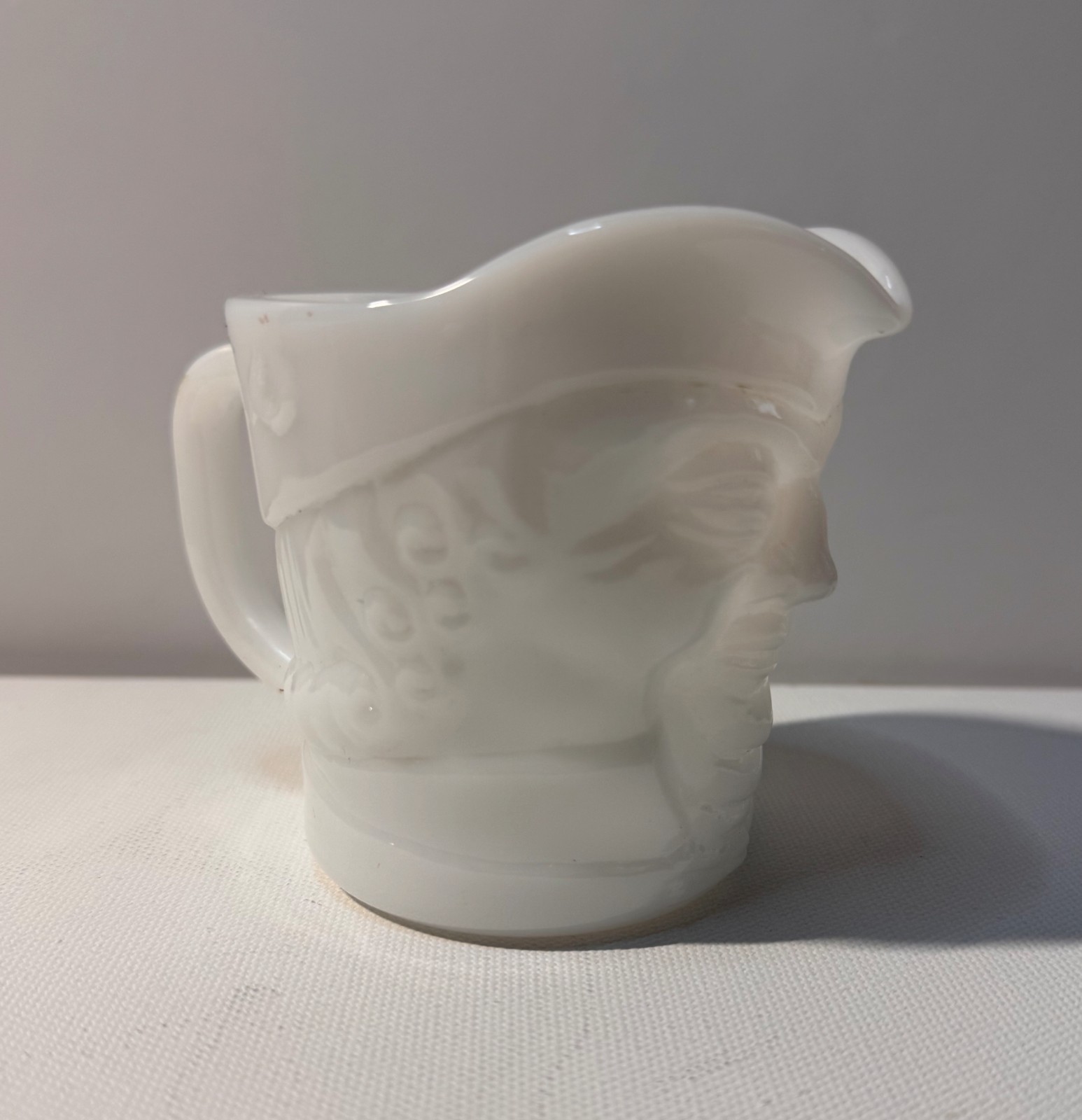 Vintage Milk Glass Weak-Chinned Turtle-faced Federal Glass Toby Cream Pitcher