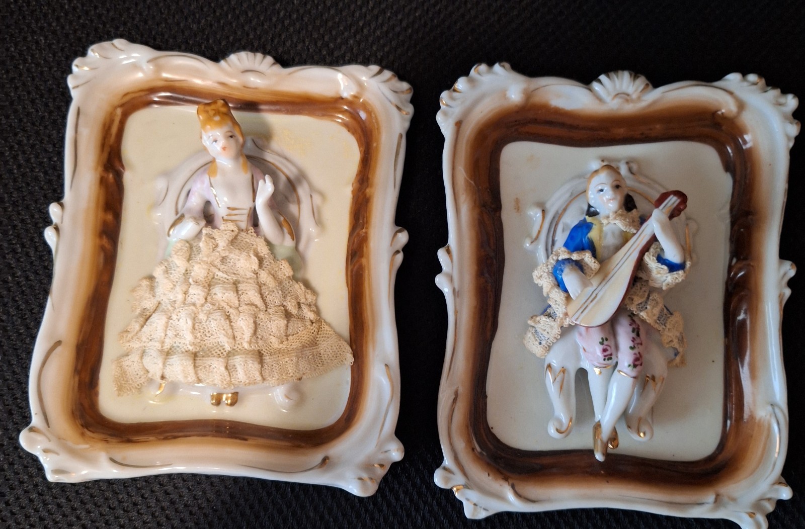 Set of 2 Ceramic 3D Effect Romantic Couple Wall Plaques, Glazed, Vintage
