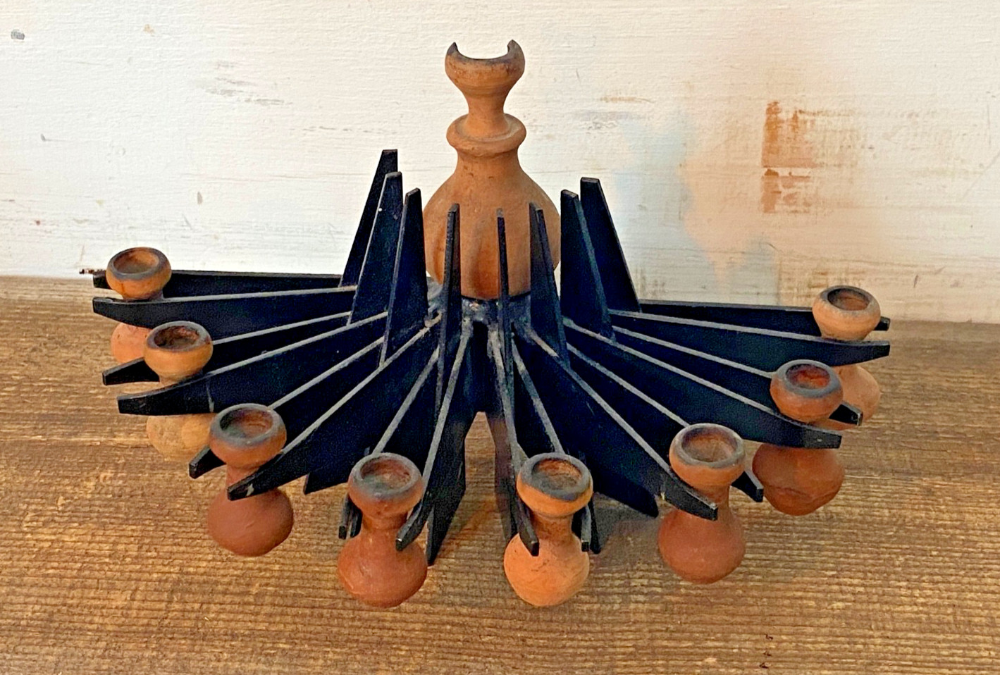Rare Vtg Modernist Menorah Iron terracotta Pottery Israel Hanukkah 9” W X 5″H