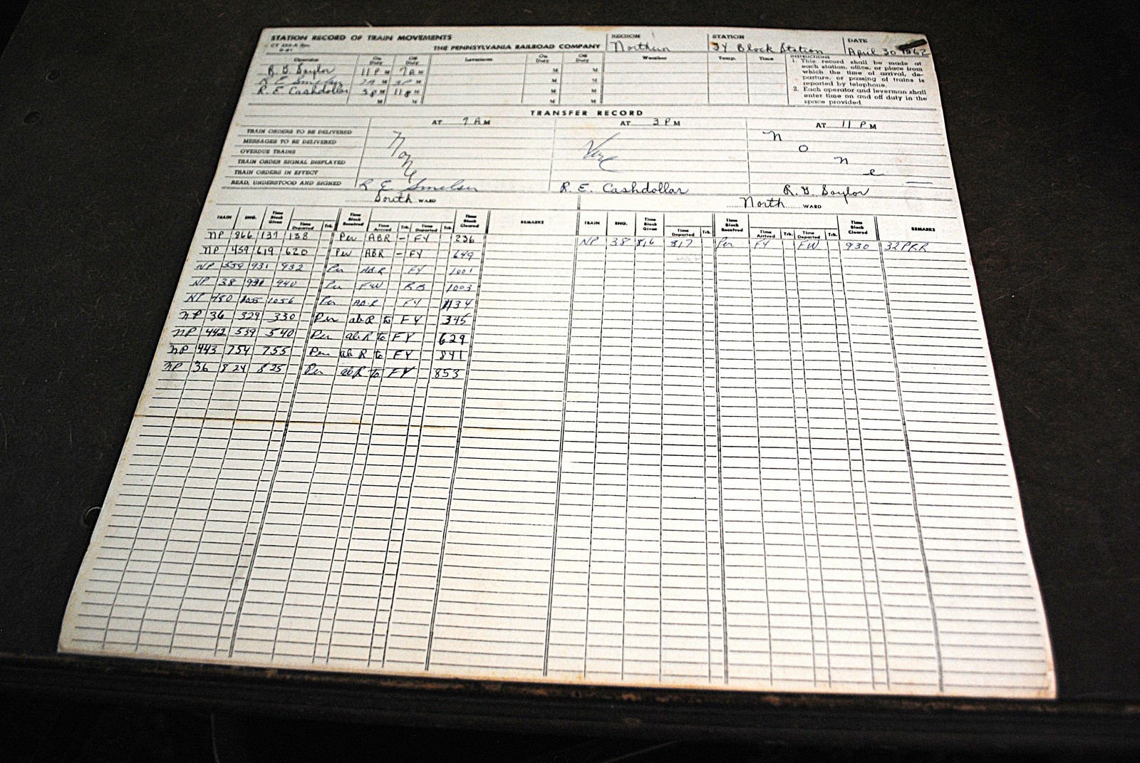 1962 PRR Train Movement Sheets “FY” Tower Buffalo NY-April 1-30th Double sided