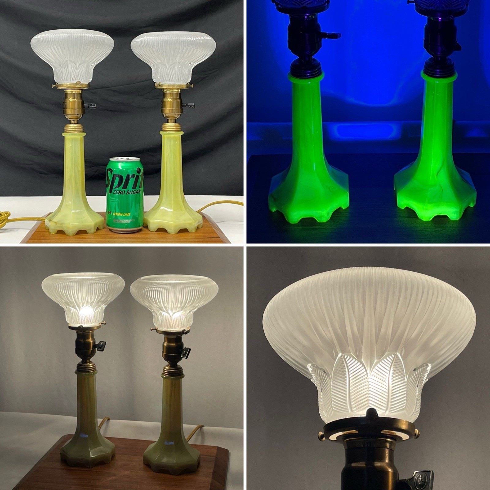 Rewired Pair HOUZEX Antique Vtg Uranium Vaseline Glass Boudoir Table Lamps Deco