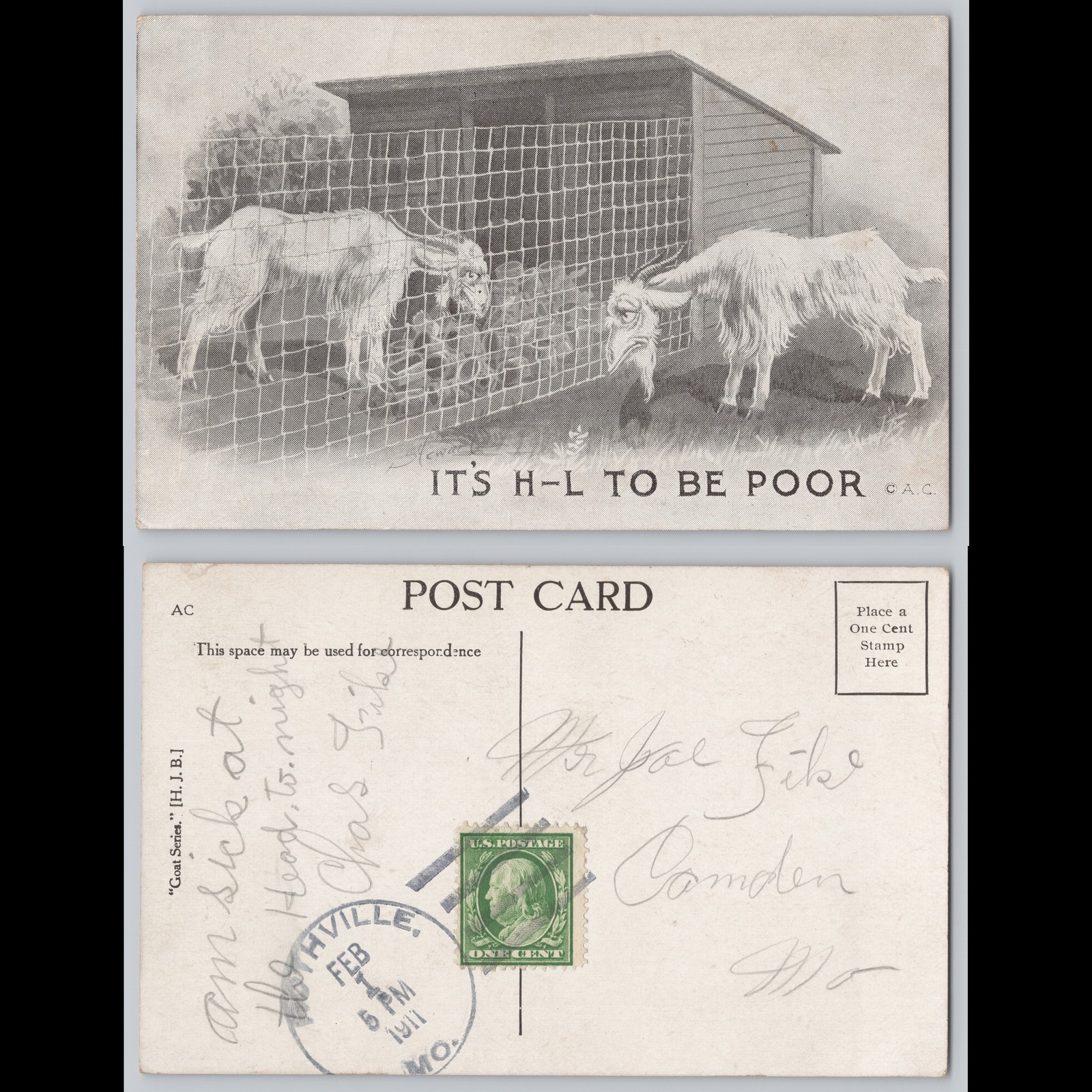 Postcard It’s H-L to Be Poor Goats Humor 1911