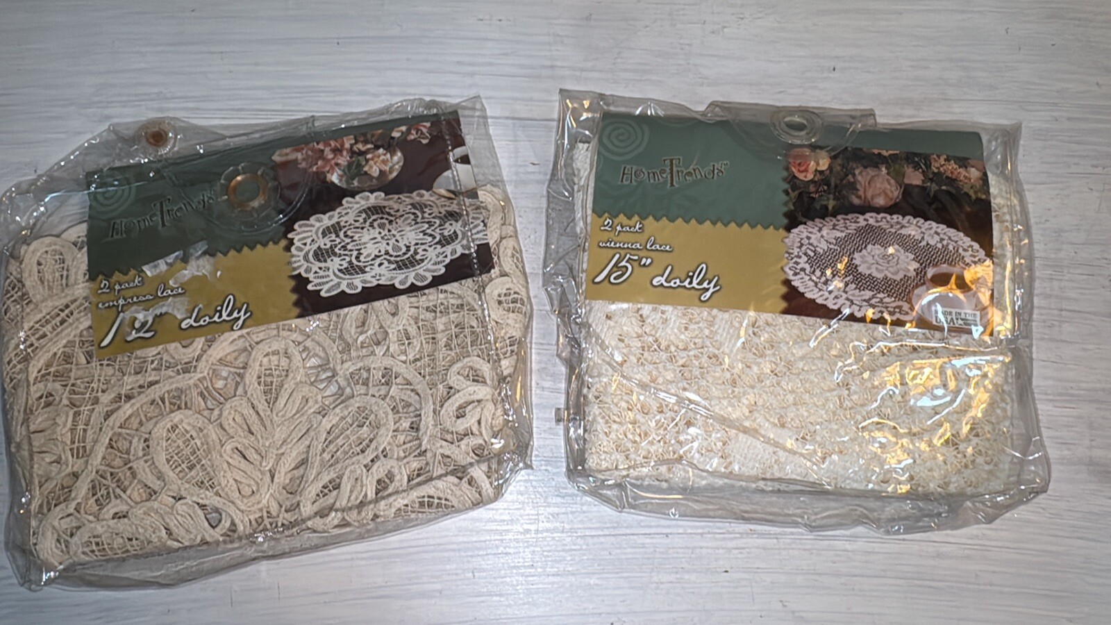 Vtg Two Piece White Lace Doily Set 15″ Round Vienna & 12” Empress Lace NEW