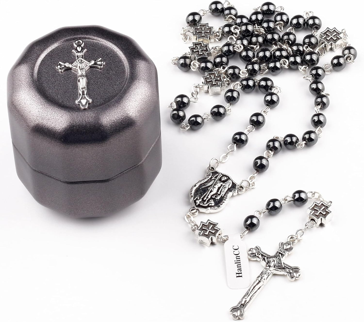 St. Michael Catholic Rosary Hematite Beads with Metal Cross in Gift Box – US