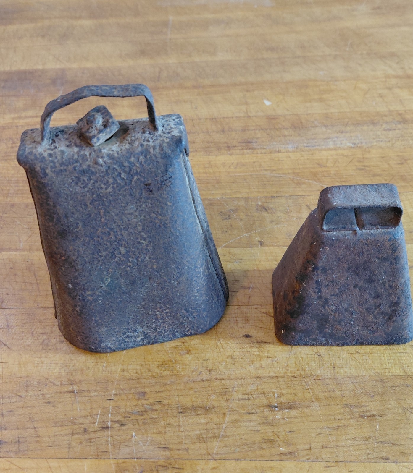 2 Farmbells, Cow and Sheep with orginal clappers. Hand Forged. Antique.