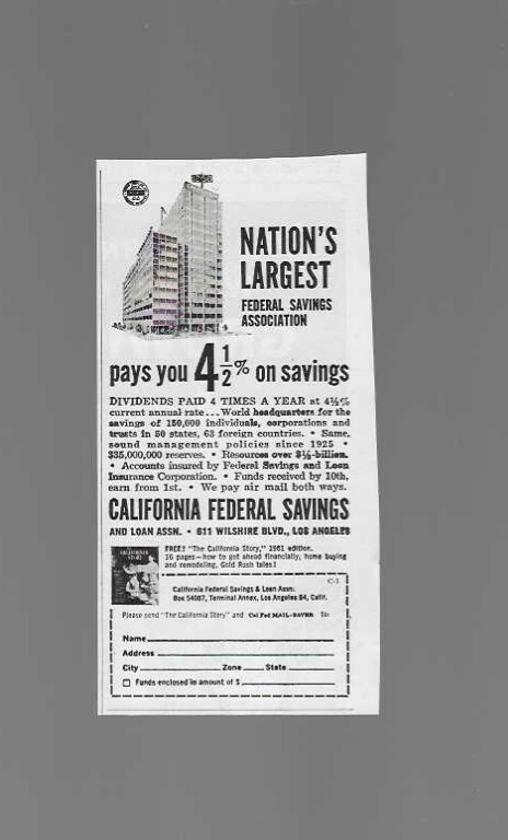 California Federal Savings & Loan Association Los Angeles 1961 Vintage Print Ad