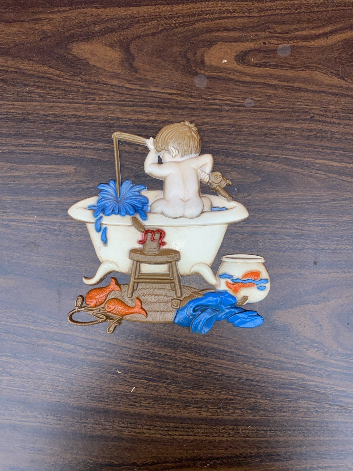 Vintage Sexton Boy Fishing Bathtub 1973 Wall Plaque 1218 Cast Metal Bathroom