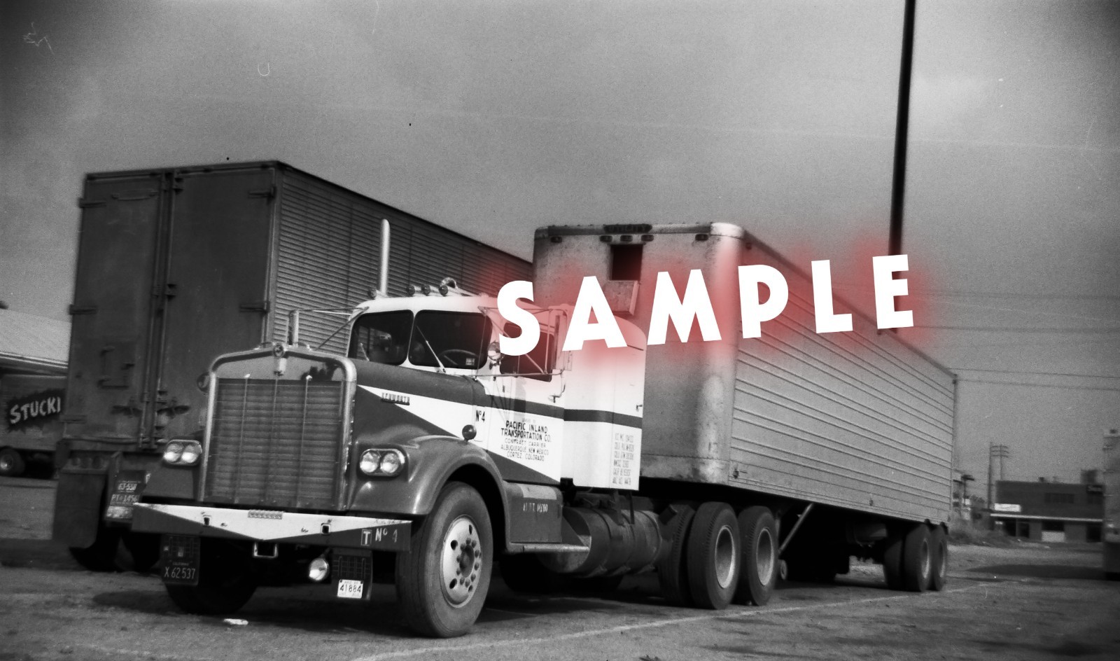 8X10 B&W semi-truck photo – PACIFIC INLAND TRANSP. Narrow-nose Kenworth