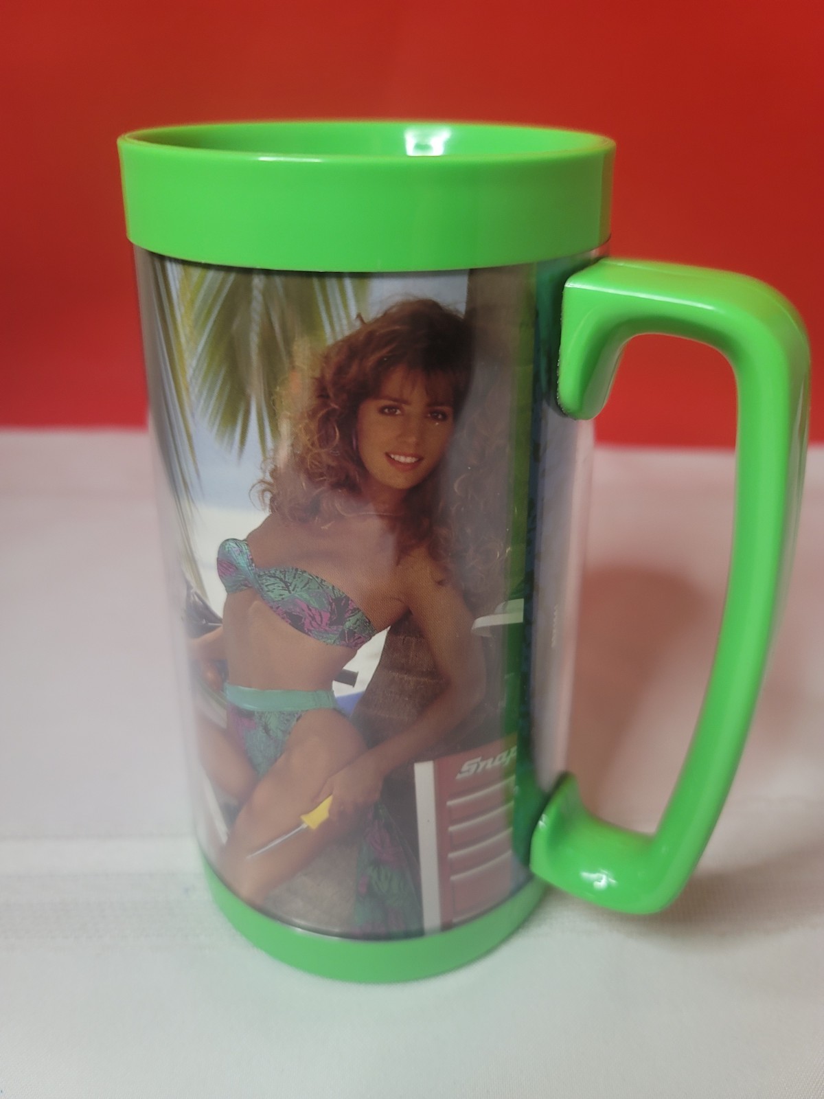 SNAP-ON TOOLS Vintage Thermo-Serv BIKINI Girl Plastic Mug Green