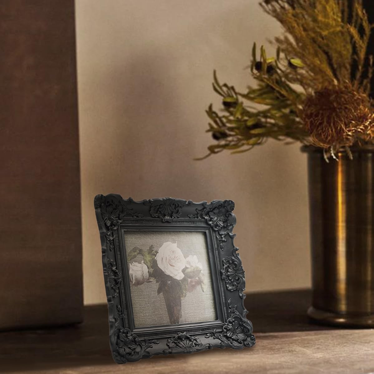 Ornate Vintage 4×4 Black Square Picture Frame – Wall & Tabletop Decor, Floral De