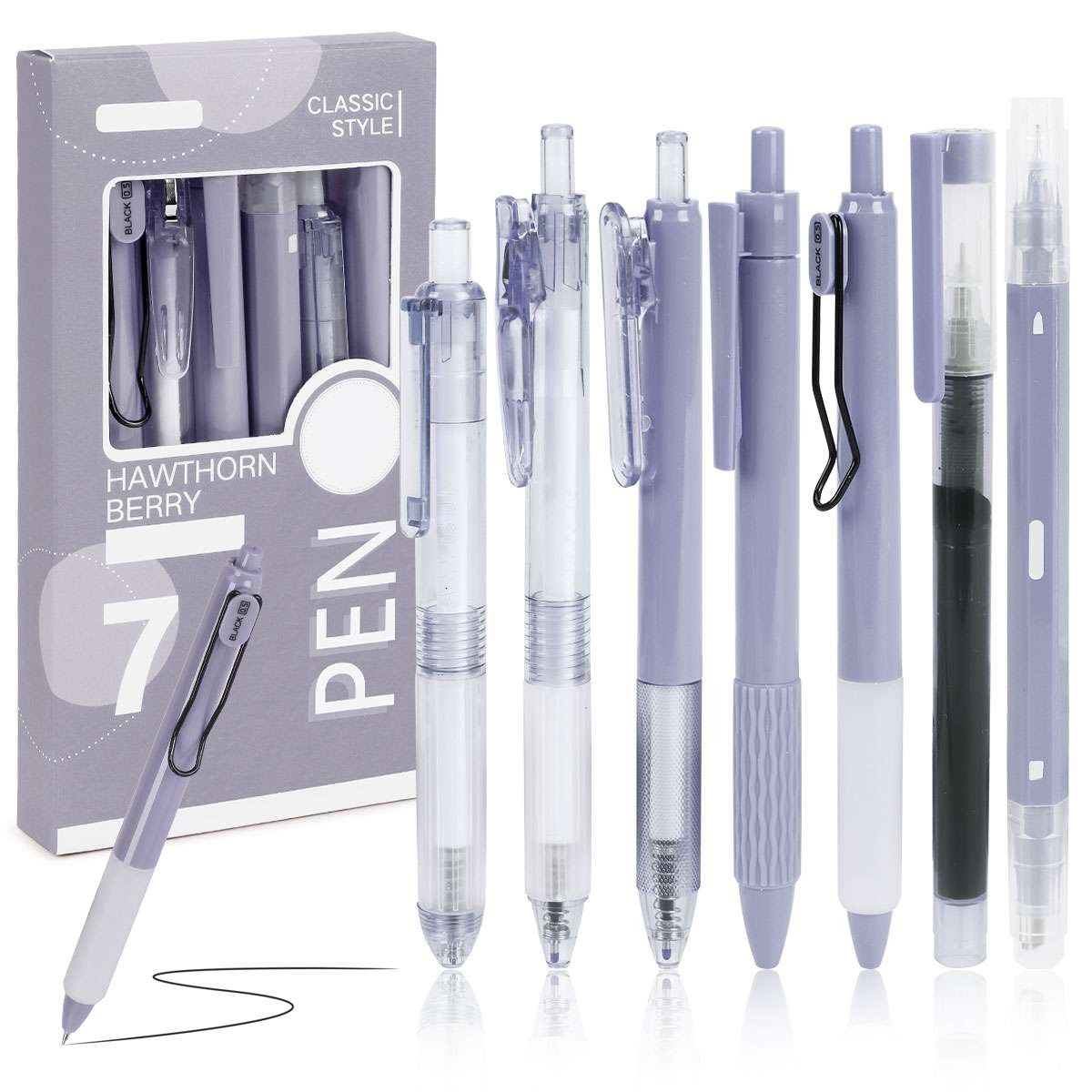 7Pcs Fine Point Gel Ink Pens Set, 0.5mm Retractable Black Ink Pen and Marker Pen