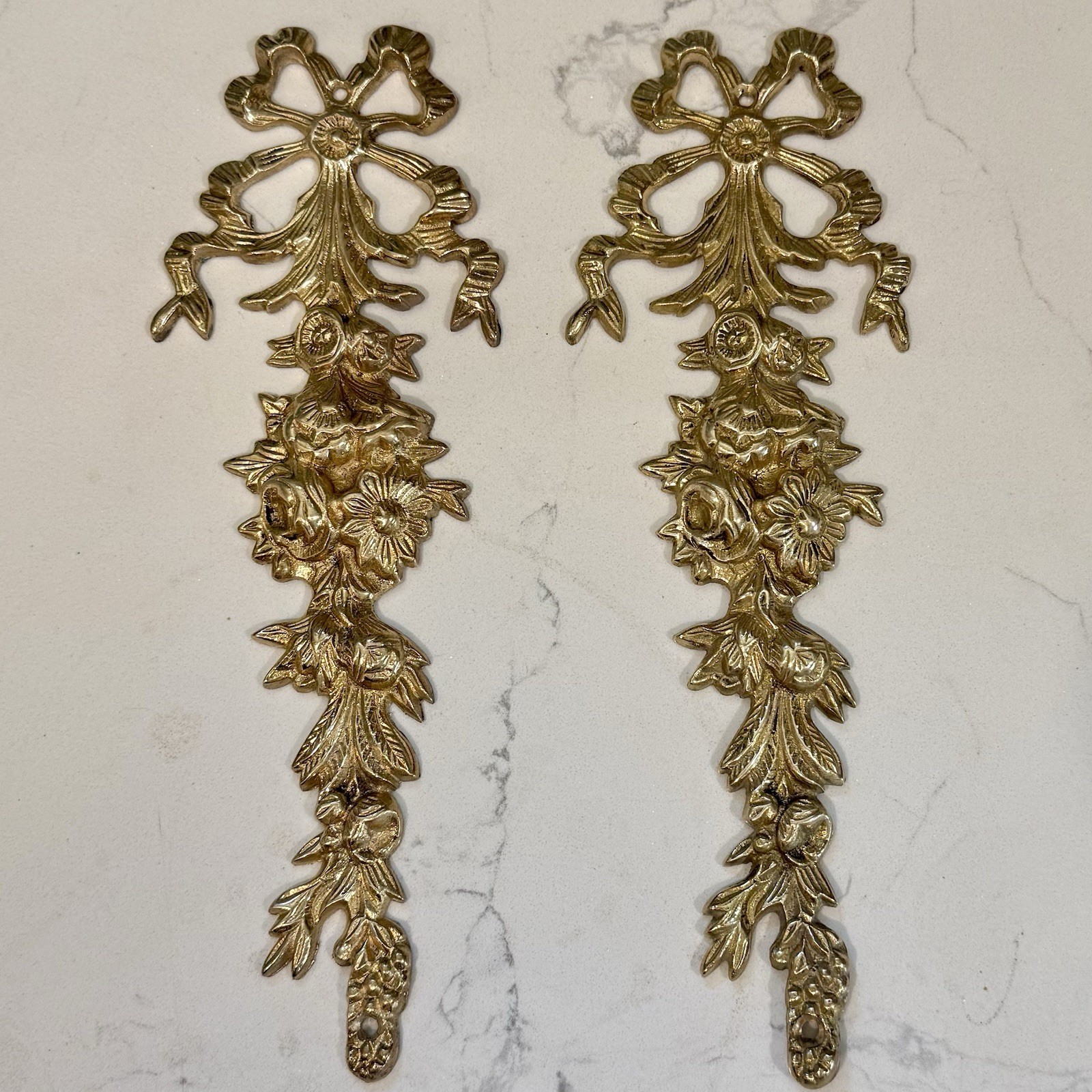 (2) Vintage Brass Bow & Botanical Swag Wall Hanging 13” French Country Regency ￼