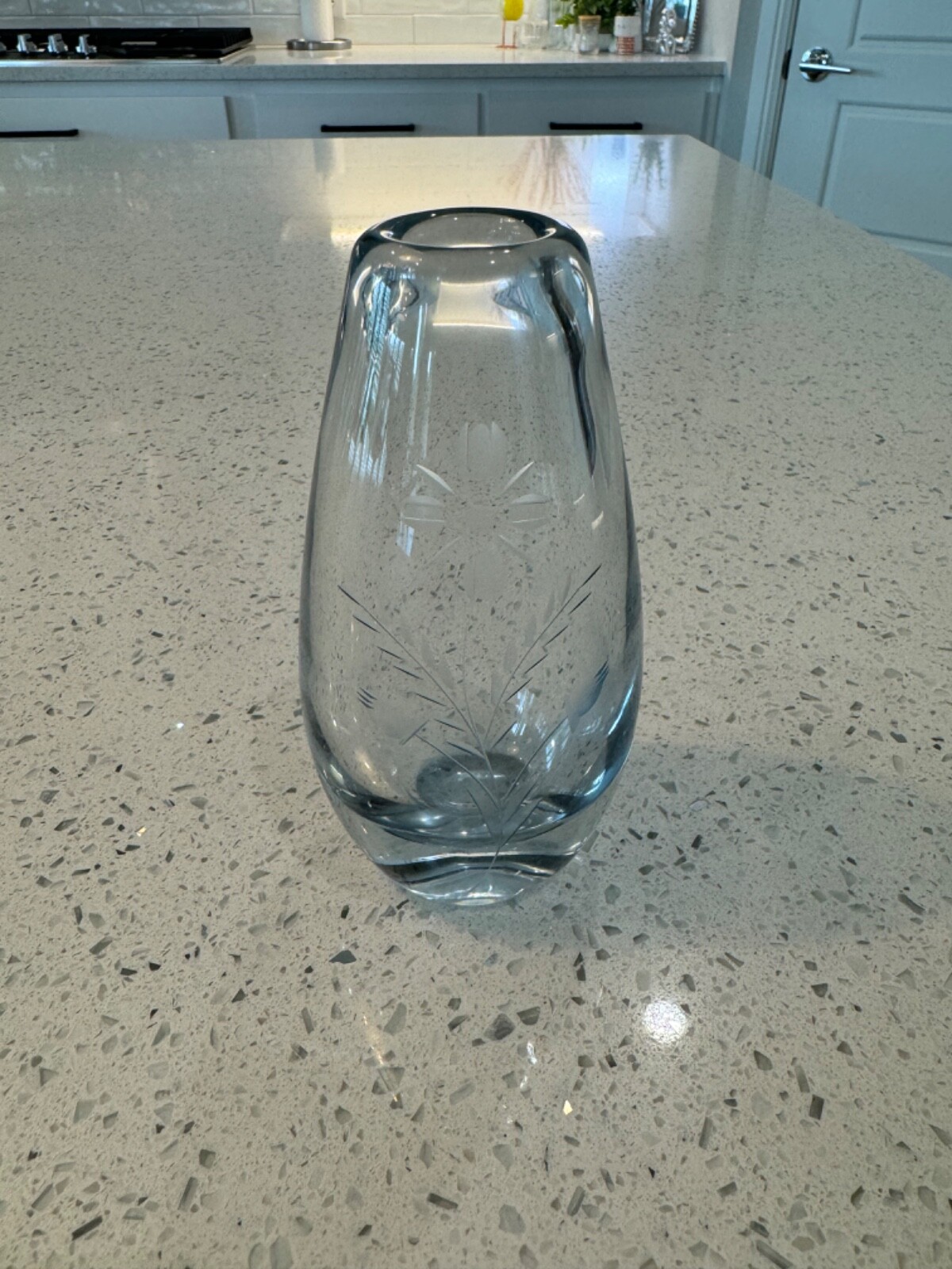 Art Glass Vase Clear Light Blue Etched Floral Design Heavy Thick Glass 5.5”
