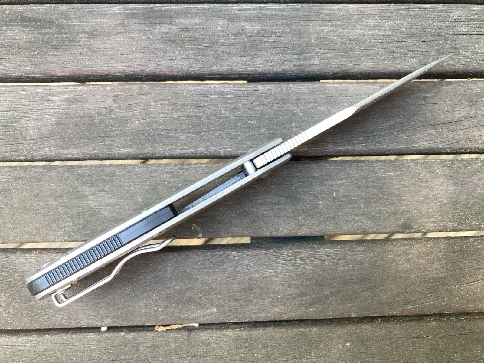 Titanium Framelock Pocket Knife Grey. Thumbhole, Pocket Clip. Excellent!