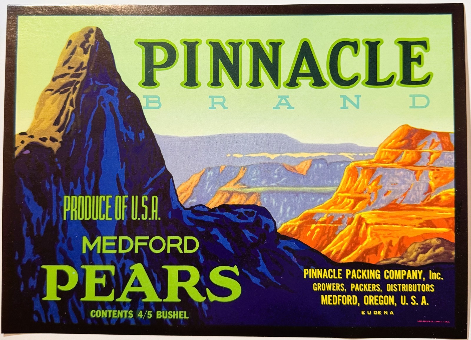 1940s Pinnacle Medford Pears Crate Label Oregon Pinnacle Packing Co 10.25×7.25