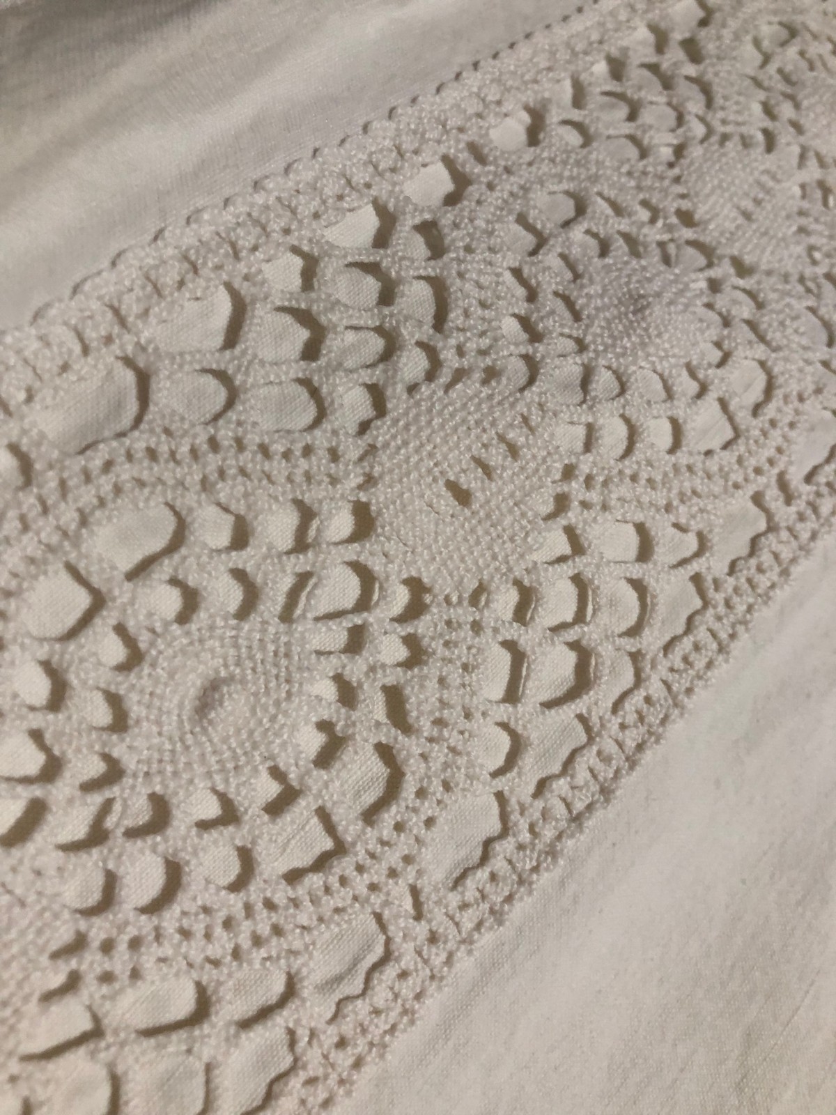 Vintage White Linen Flat Sheet Tablecloth Crochet Lace Insertion Trim 256x200cm