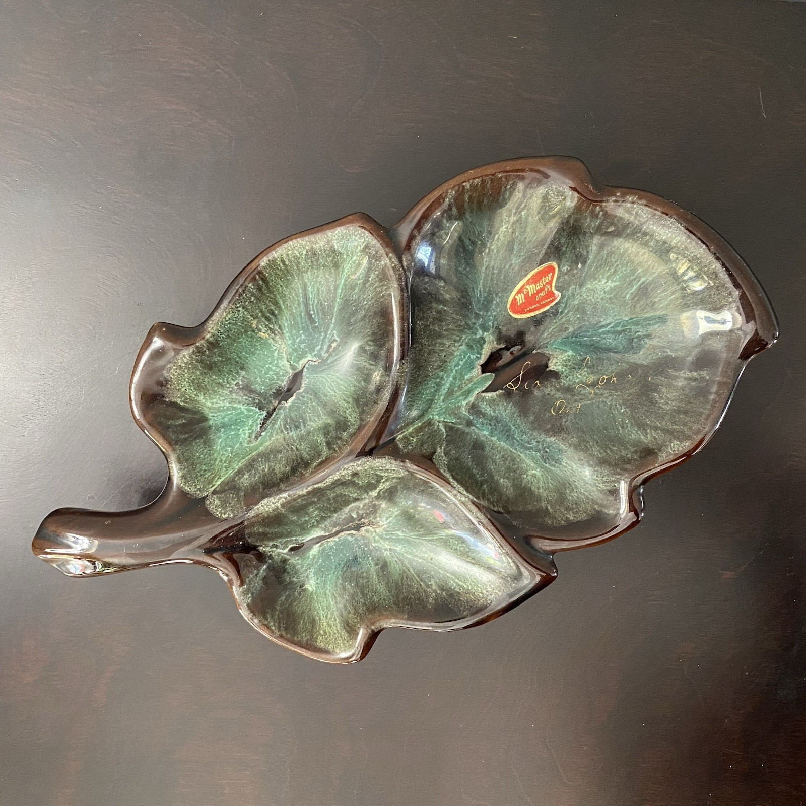 Vintage Drip Glaze McMaster Craft Canada Pottery Divided Dish MCM Signed 11″