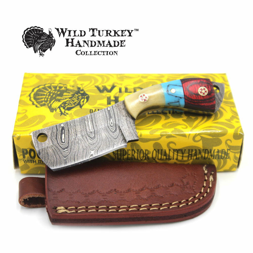 Wild Turkey Handmade Damascus Collection 5.5″ Mini Fixed Blade Clever w/ Sheath