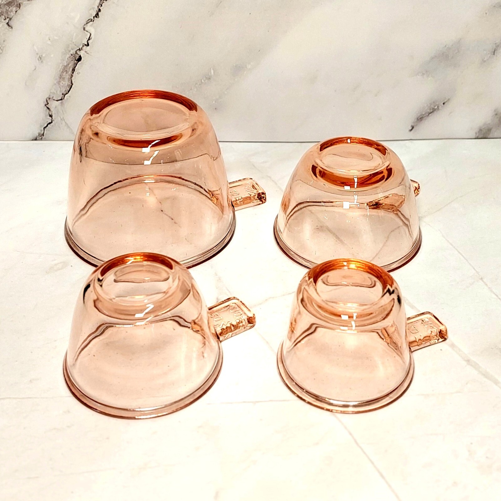 4 PC Nesting Measuring Cups, Pink Amber Depression Style Glass, Vintage Kitchen