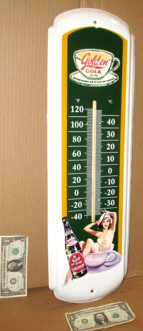 GOLDEN COLA – SUN DROP Pretty Girl in a Coffee Cup BIG THERMOMETER SIGN Few Made
